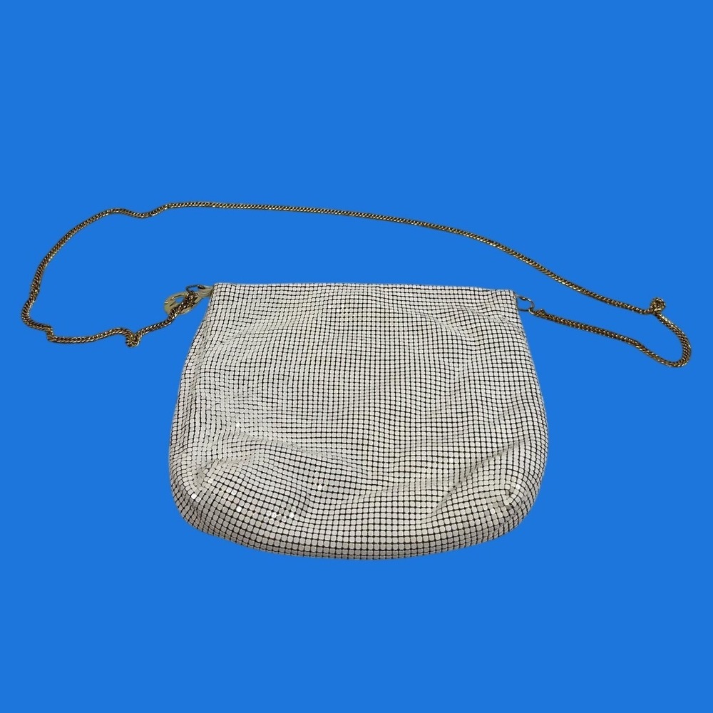 Whiting & Davis Vintage White Metal Mesh evening Bag Gold Chain‎ Made in USA